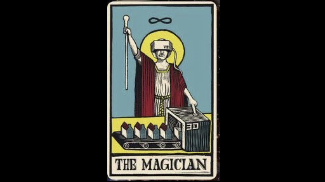 The meme is a humorous image of the "The Magician" card from a tarot deck, but with the Magician's wand replaced by a VR headset and controller. The text "I'm not lazy, I'm just on a different plane of existence" appears at the bottom of the image, suggesting that the person is too busy exploring virtual reality to do their chores.